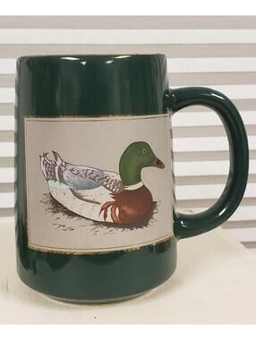 Vintage Otagiri Gibson Greeting Cards Mallard Duck Mug - Green Gold Trim Japan